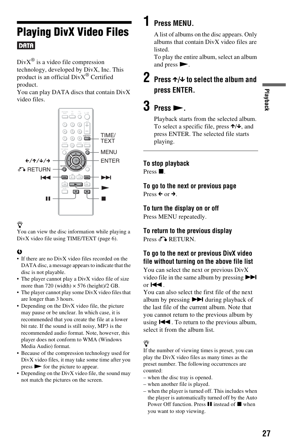 Playing divx video files, Press menu, Press x / x to select the album and press enter | Press n | Sony 4-115-669-11(1) User Manual | Page 27 / 40