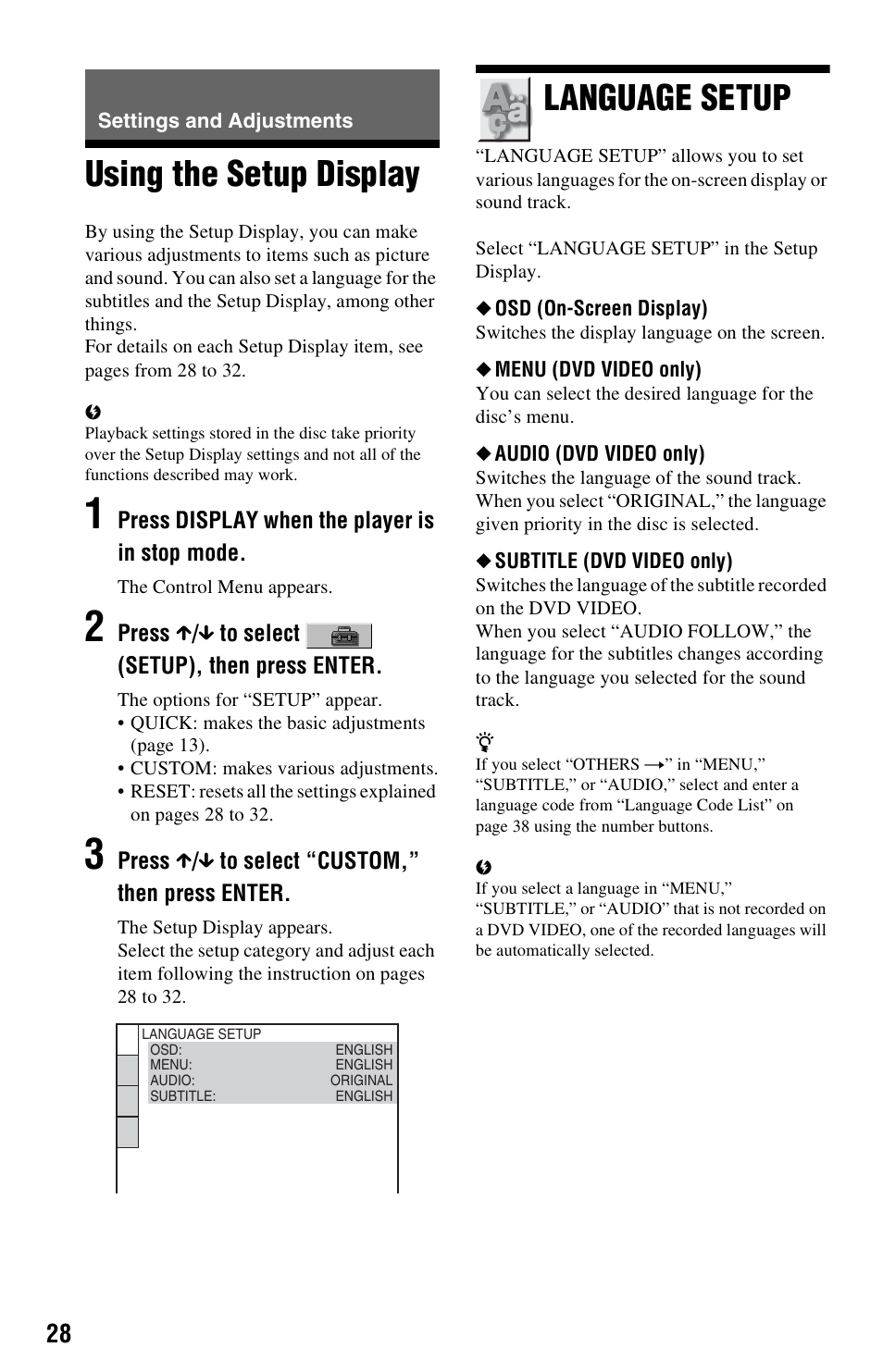 Settings and adjustments, Using the setup display, Language setup | Using the setup display language setup | Sony 4-115-669-11(1) User Manual | Page 28 / 40