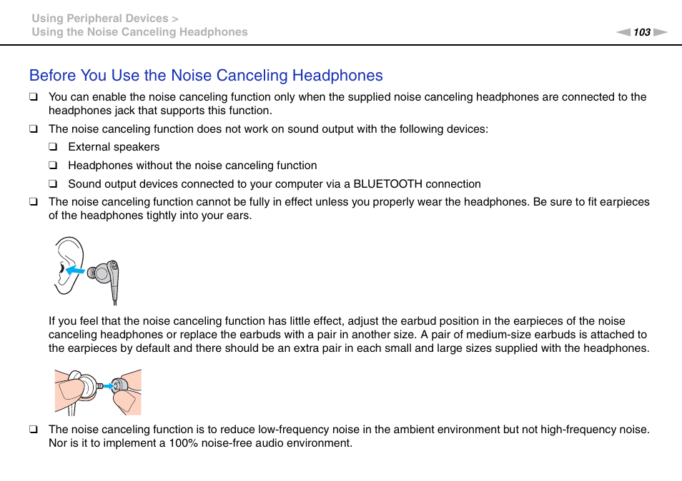 Before you use the noise canceling headphones | Sony VAIO VPCZ2 User Manual | Page 103 / 212