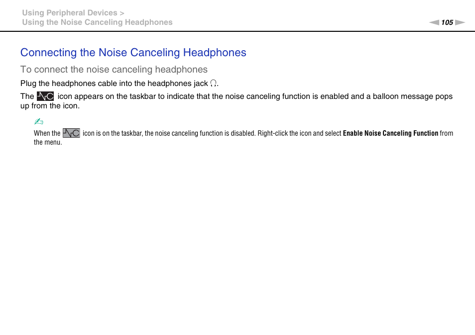 Connecting the noise canceling headphones | Sony VAIO VPCZ2 User Manual | Page 105 / 212