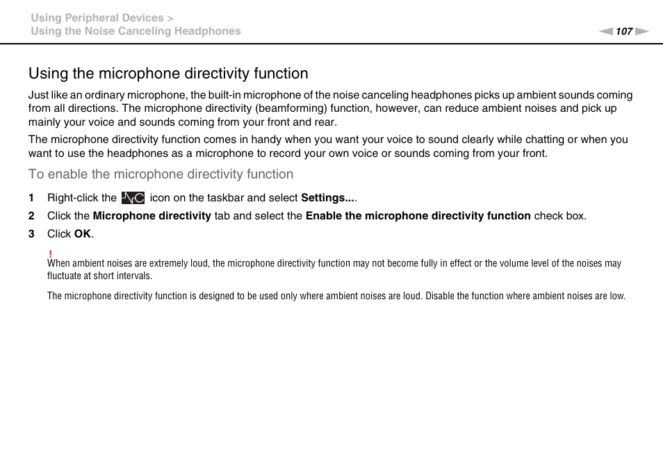 Using the microphone directivity function | Sony VAIO VPCZ2 User Manual | Page 107 / 212