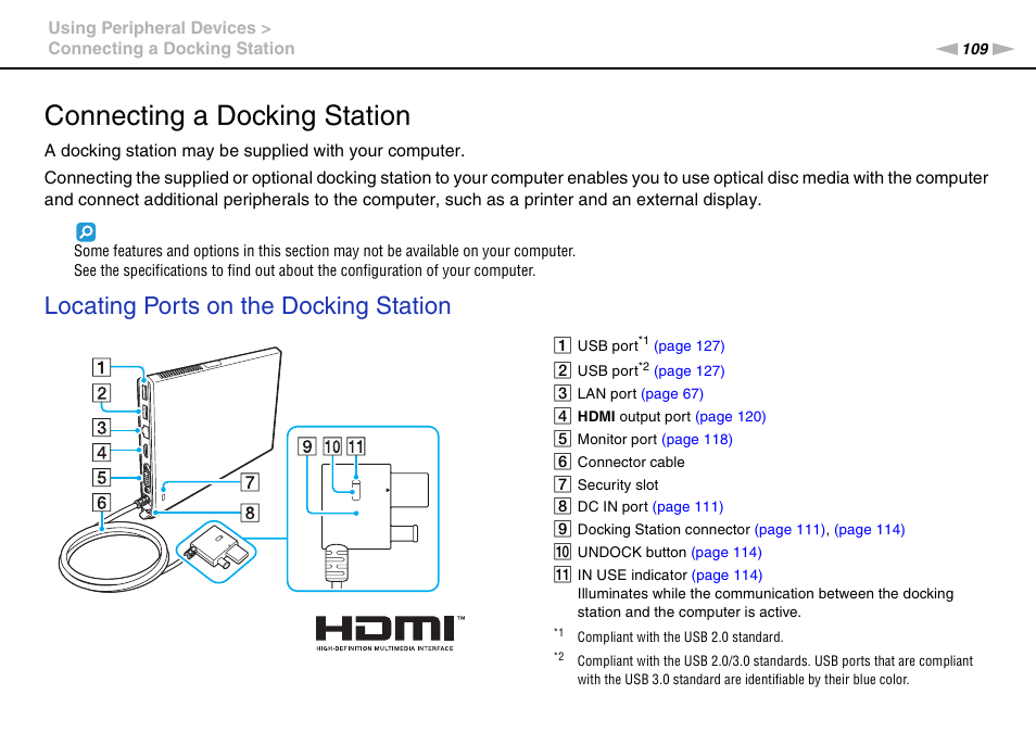 Connecting a docking station, Locating ports on the docking station | Sony VAIO VPCZ2 User Manual | Page 109 / 212