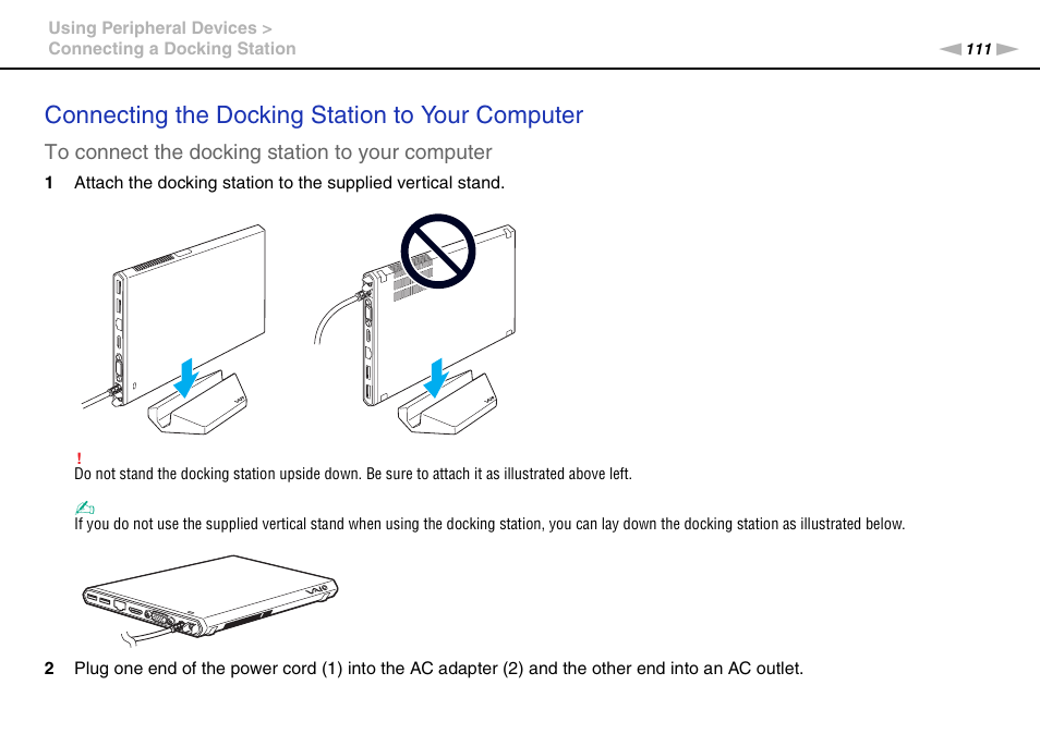 Connecting the docking station to your computer | Sony VAIO VPCZ2 User Manual | Page 111 / 212