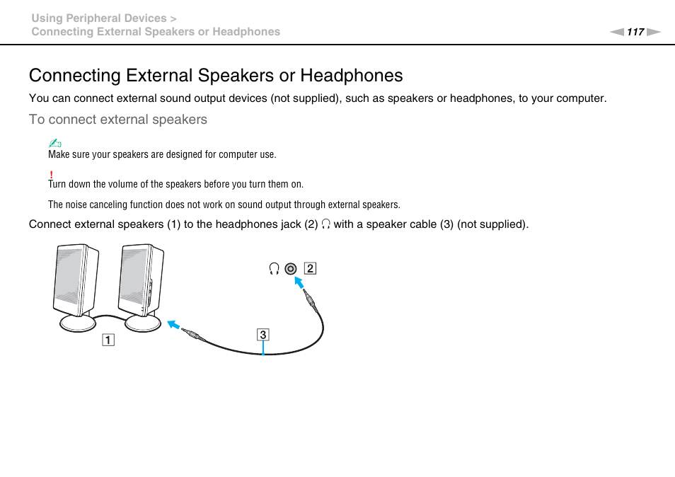 Connecting external speakers or headphones | Sony VAIO VPCZ2 User Manual | Page 117 / 212