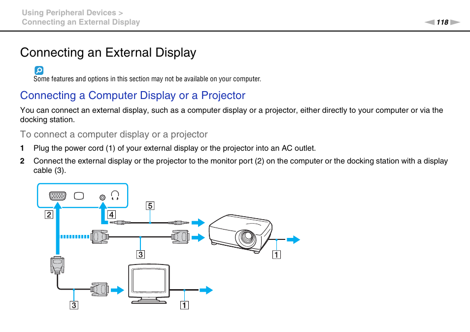 Connecting an external display, Connecting a computer display or a projector | Sony VAIO VPCZ2 User Manual | Page 118 / 212