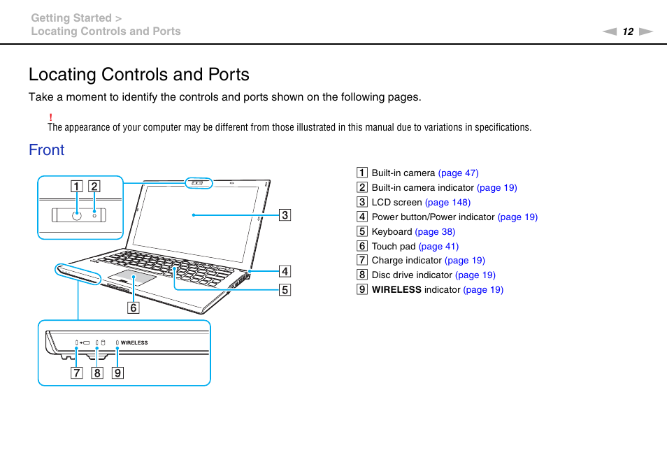 Locating controls and ports, Front | Sony VAIO VPCZ2 User Manual | Page 12 / 212