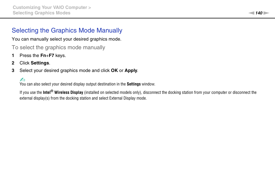 Selecting the graphics mode manually | Sony VAIO VPCZ2 User Manual | Page 140 / 212