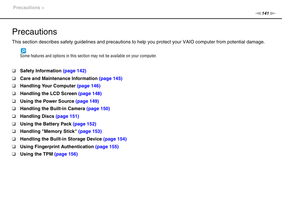 Precautions | Sony VAIO VPCZ2 User Manual | Page 141 / 212