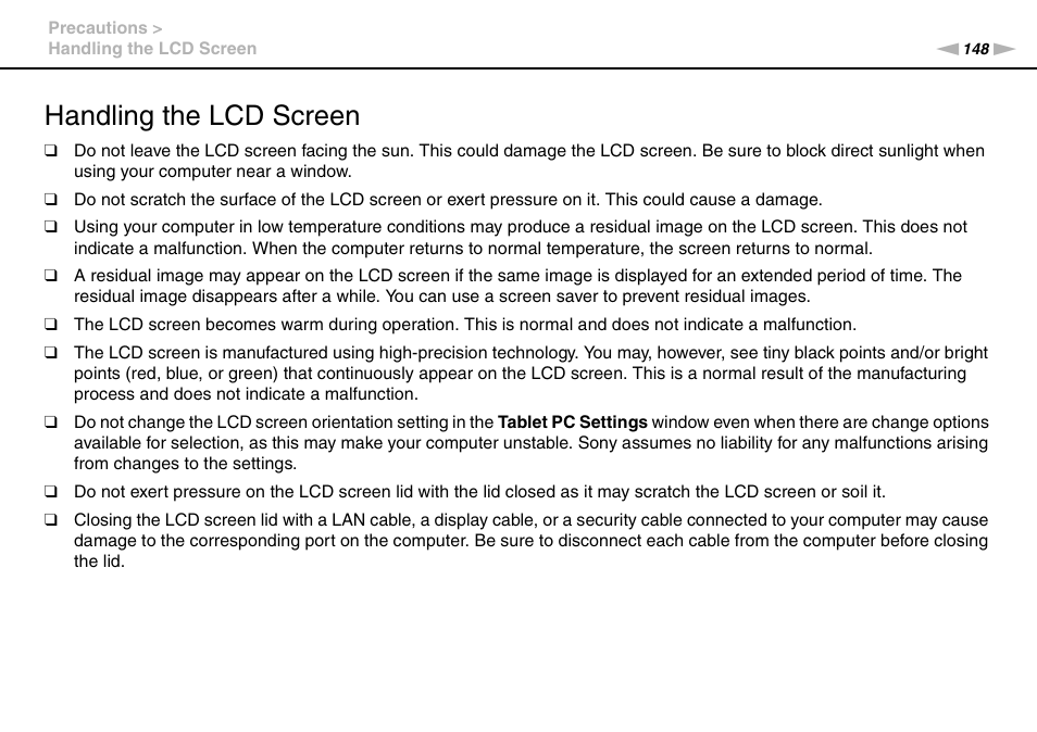 Handling the lcd screen | Sony VAIO VPCZ2 User Manual | Page 148 / 212