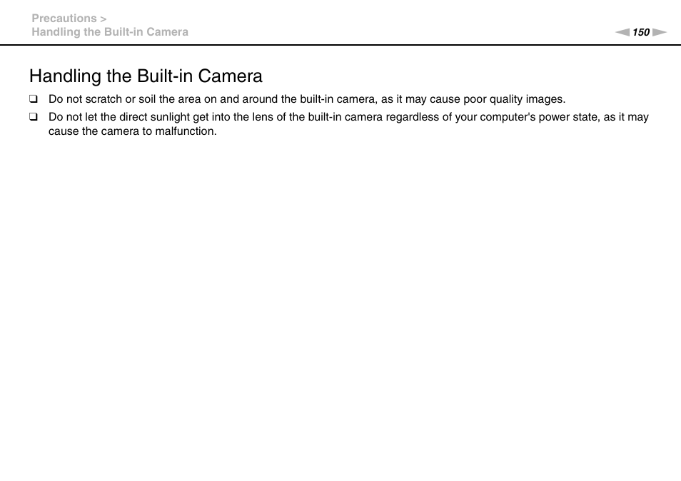 Handling the built-in camera | Sony VAIO VPCZ2 User Manual | Page 150 / 212