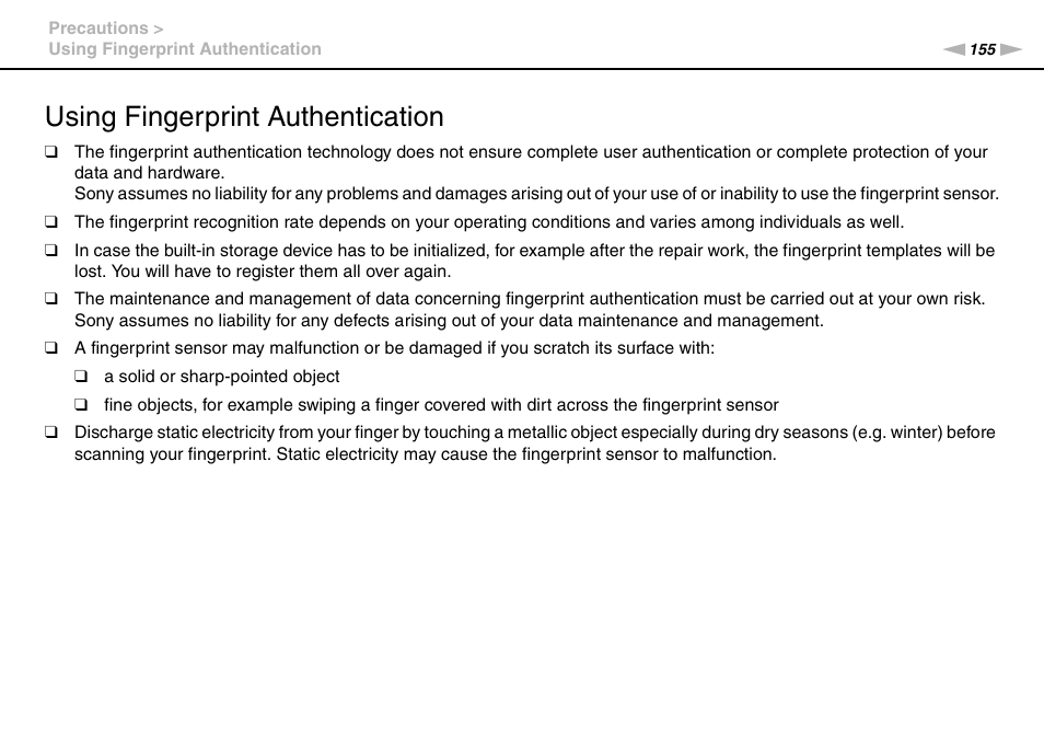 Using fingerprint authentication, Tion | Sony VAIO VPCZ2 User Manual | Page 155 / 212