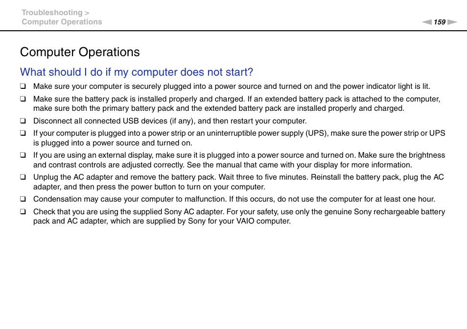 Computer operations, What should i do if my computer does not start | Sony VAIO VPCZ2 User Manual | Page 159 / 212