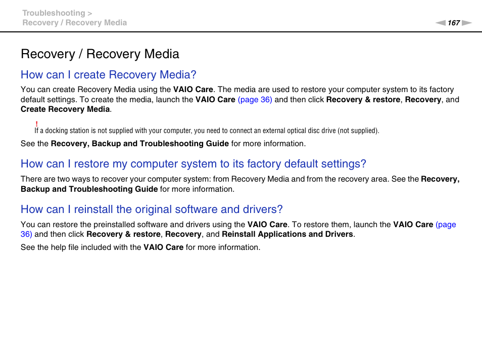 Recovery / recovery media, How can i create recovery media | Sony VAIO VPCZ2 User Manual | Page 167 / 212