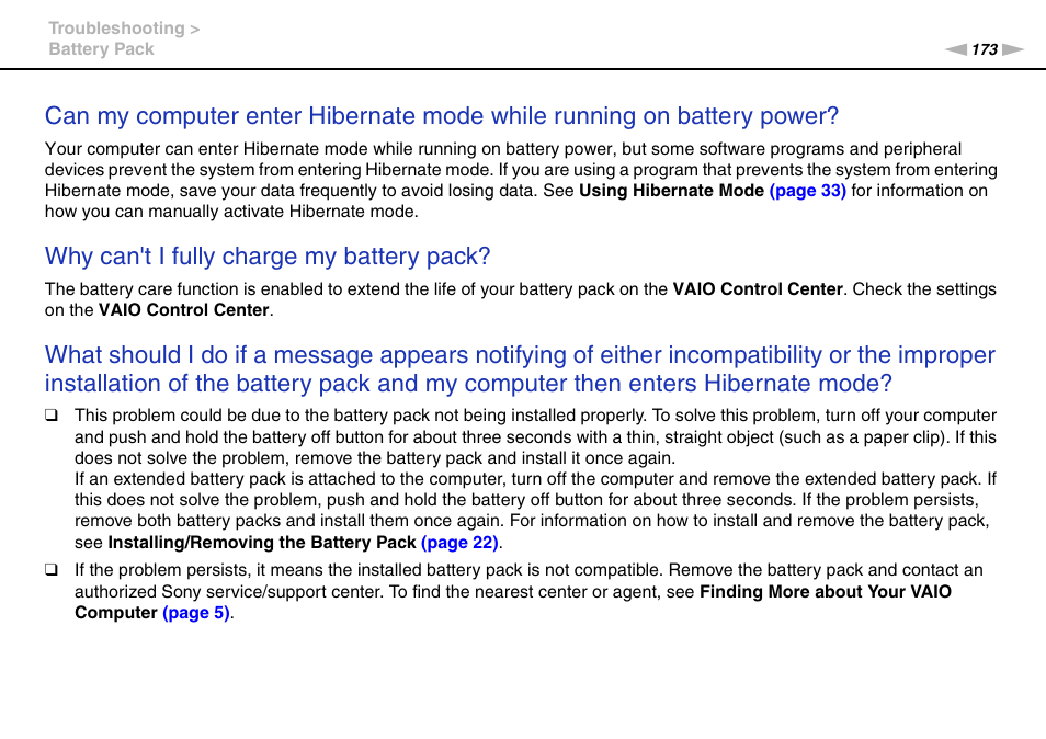 Why can't i fully charge my battery pack | Sony VAIO VPCZ2 User Manual | Page 173 / 212