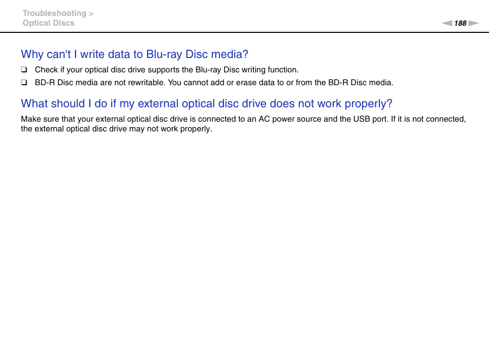 Why can't i write data to blu-ray disc media | Sony VAIO VPCZ2 User Manual | Page 188 / 212