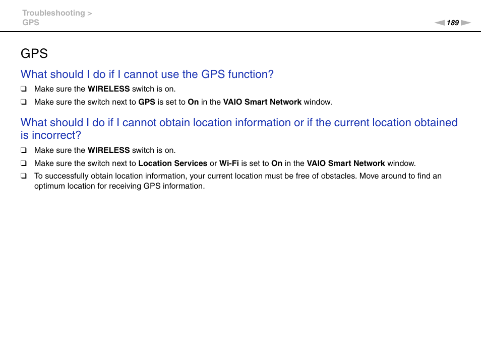 What should i do if i cannot use the gps function | Sony VAIO VPCZ2 User Manual | Page 189 / 212