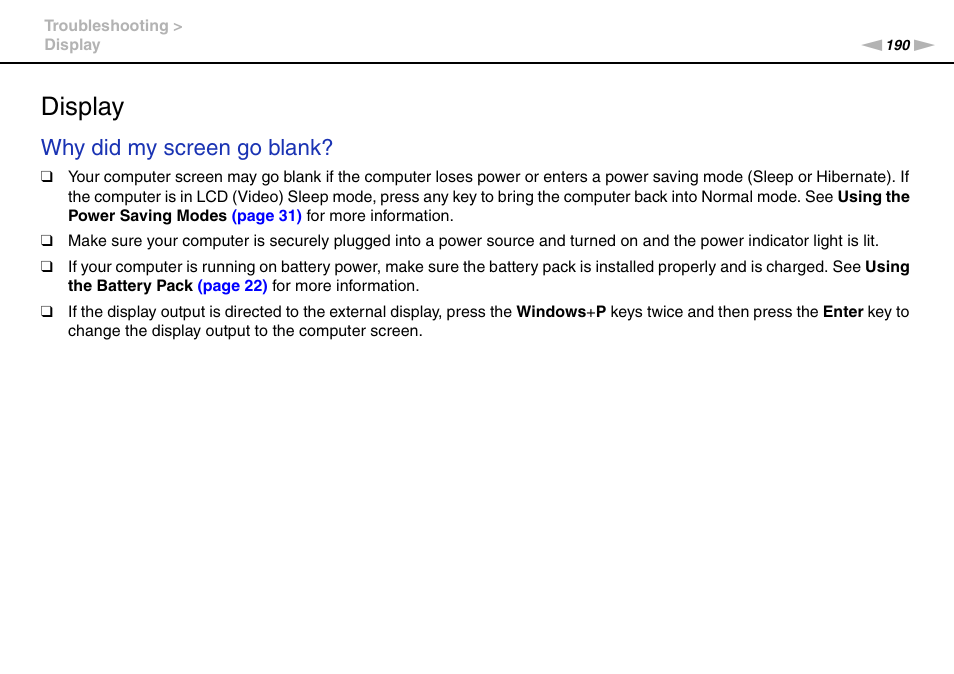 Display, Why did my screen go blank | Sony VAIO VPCZ2 User Manual | Page 190 / 212