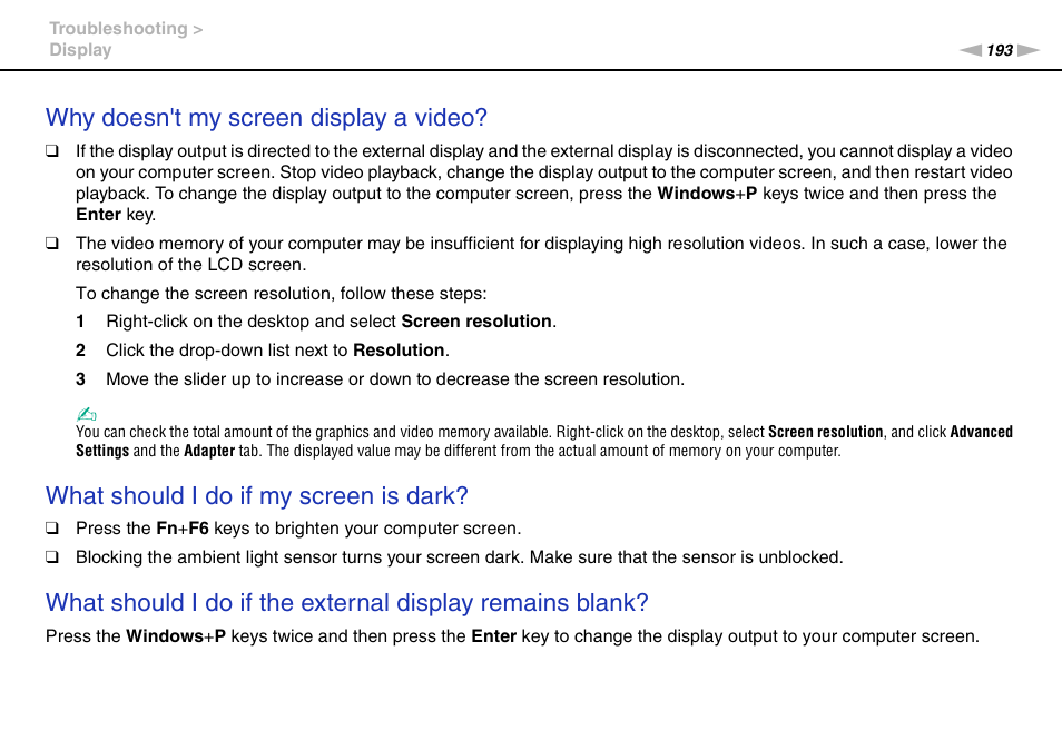 Why doesn't my screen display a video, What should i do if my screen is dark | Sony VAIO VPCZ2 User Manual | Page 193 / 212