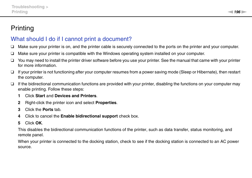 Printing, Inting, What should i do if i cannot print a document | Sony VAIO VPCZ2 User Manual | Page 196 / 212