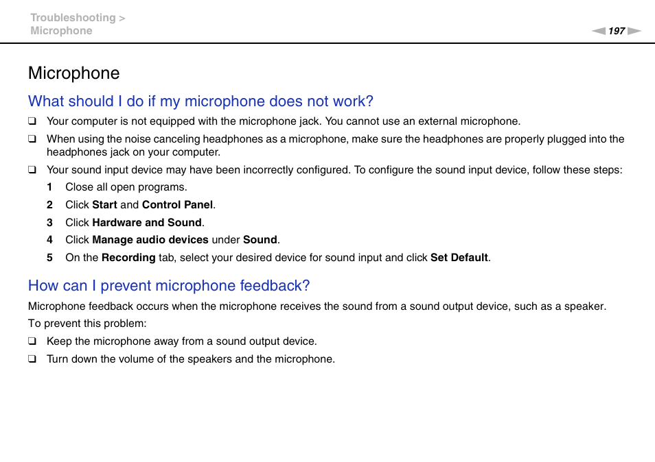 Microphone, What should i do if my microphone does not work, How can i prevent microphone feedback | Sony VAIO VPCZ2 User Manual | Page 197 / 212