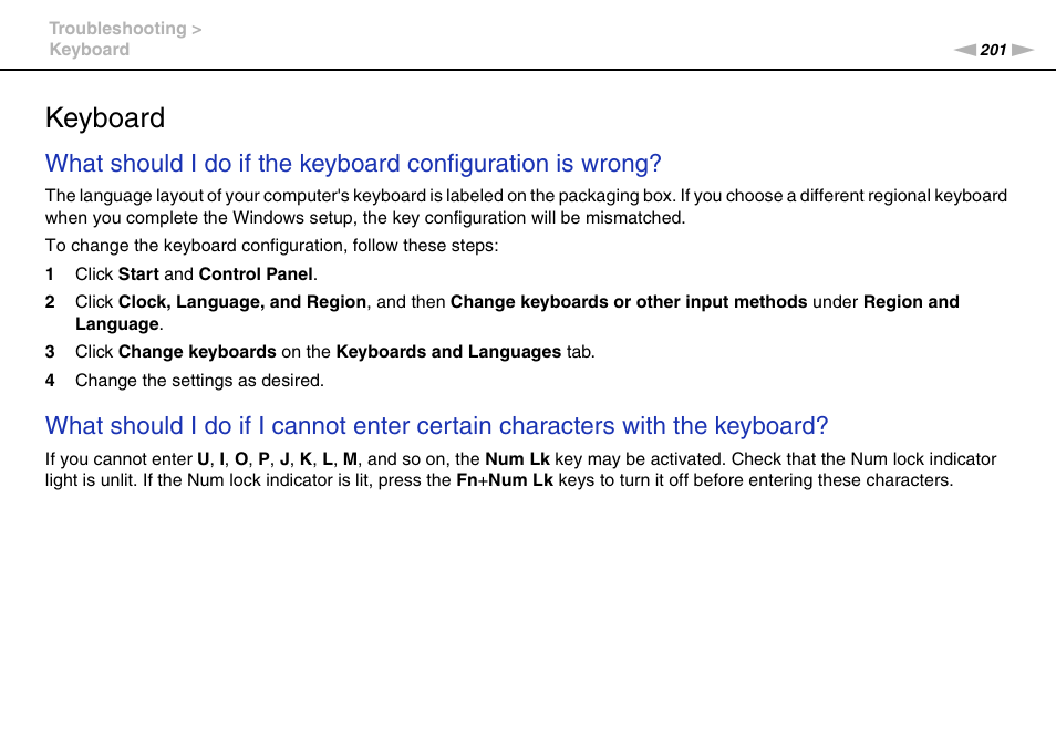 Keyboard | Sony VAIO VPCZ2 User Manual | Page 201 / 212