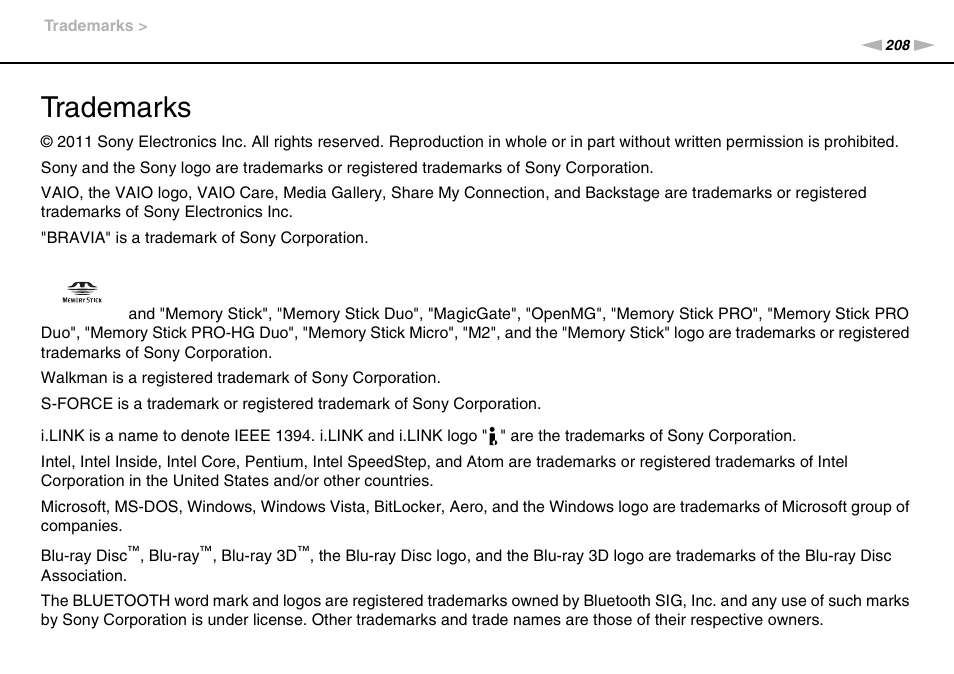 Trademarks | Sony VAIO VPCZ2 User Manual | Page 208 / 212