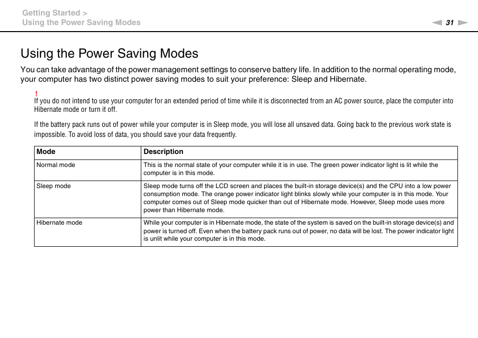 Using the power saving modes | Sony VAIO VPCZ2 User Manual | Page 31 / 212