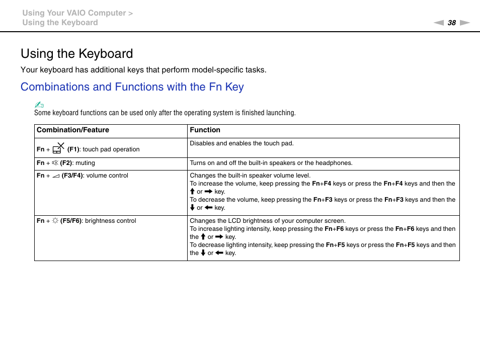 Using the keyboard, Combinations and functions with the fn key | Sony VAIO VPCZ2 User Manual | Page 38 / 212