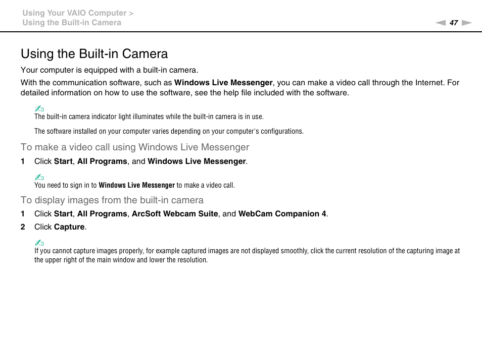 Using the built-in camera | Sony VAIO VPCZ2 User Manual | Page 47 / 212