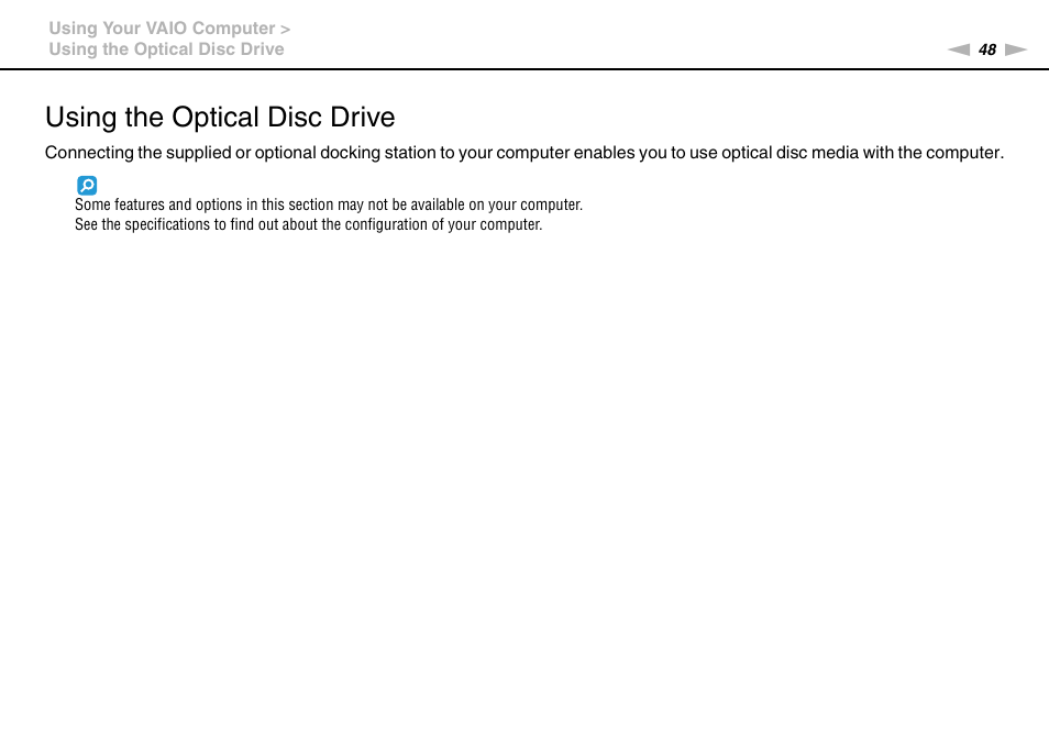 Using the optical disc drive | Sony VAIO VPCZ2 User Manual | Page 48 / 212