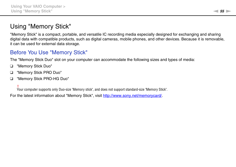 Using "memory stick | Sony VAIO VPCZ2 User Manual | Page 55 / 212