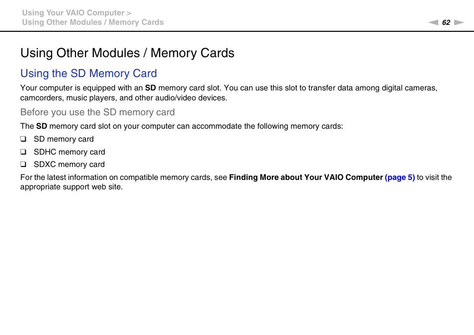 Using other modules / memory cards | Sony VAIO VPCZ2 User Manual | Page 62 / 212