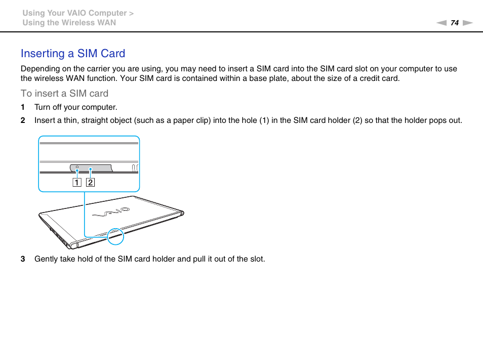 Inserting a sim card | Sony VAIO VPCZ2 User Manual | Page 74 / 212