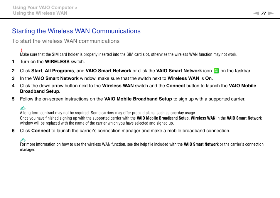 Starting the wireless wan communications | Sony VAIO VPCZ2 User Manual | Page 77 / 212