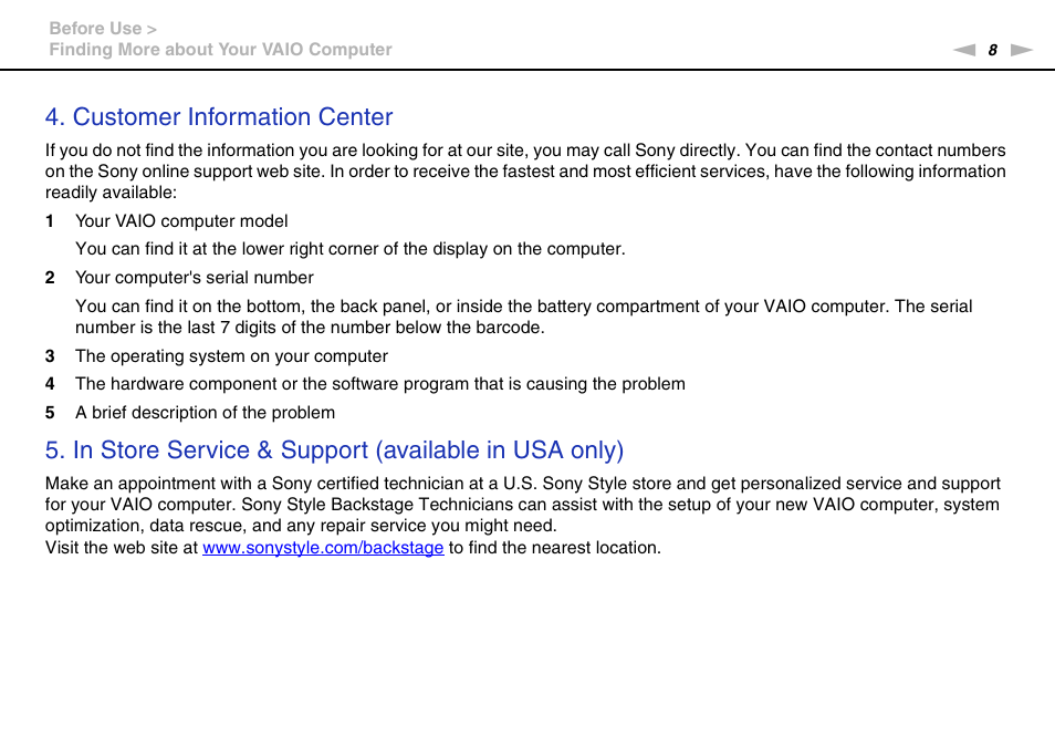 Customer information center | Sony VAIO VPCZ2 User Manual | Page 8 / 212