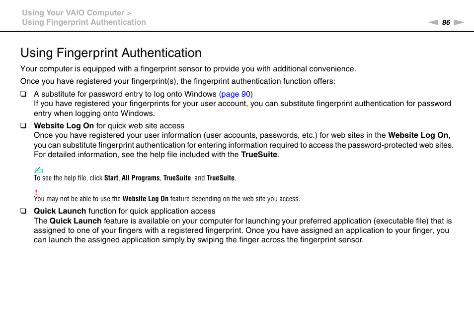 Using fingerprint authentication, Tion | Sony VAIO VPCZ2 User Manual | Page 86 / 212