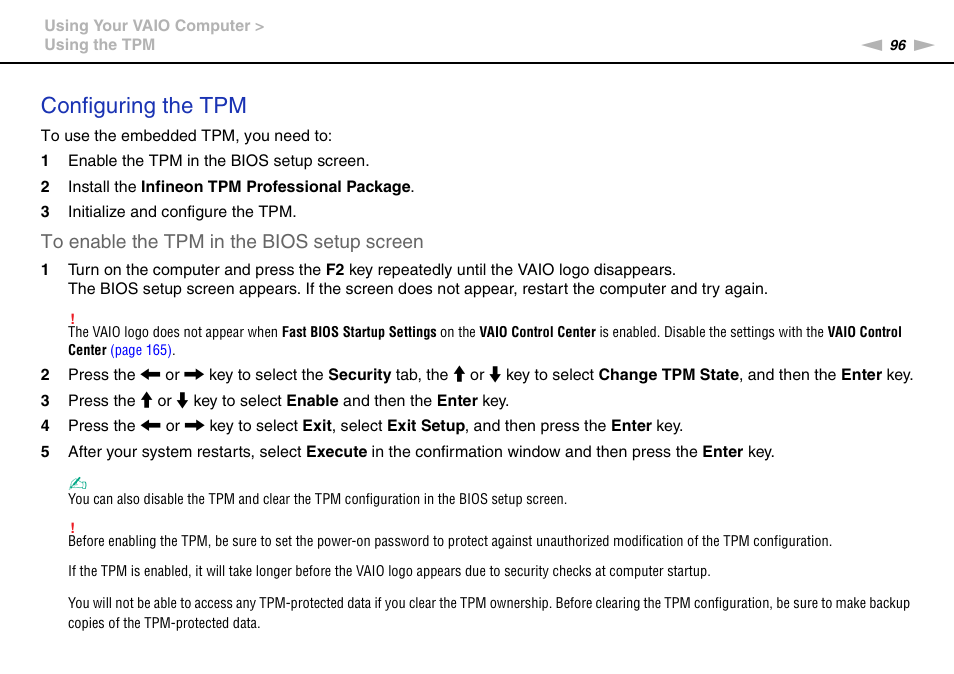 Configuring the tpm | Sony VAIO VPCZ2 User Manual | Page 96 / 212