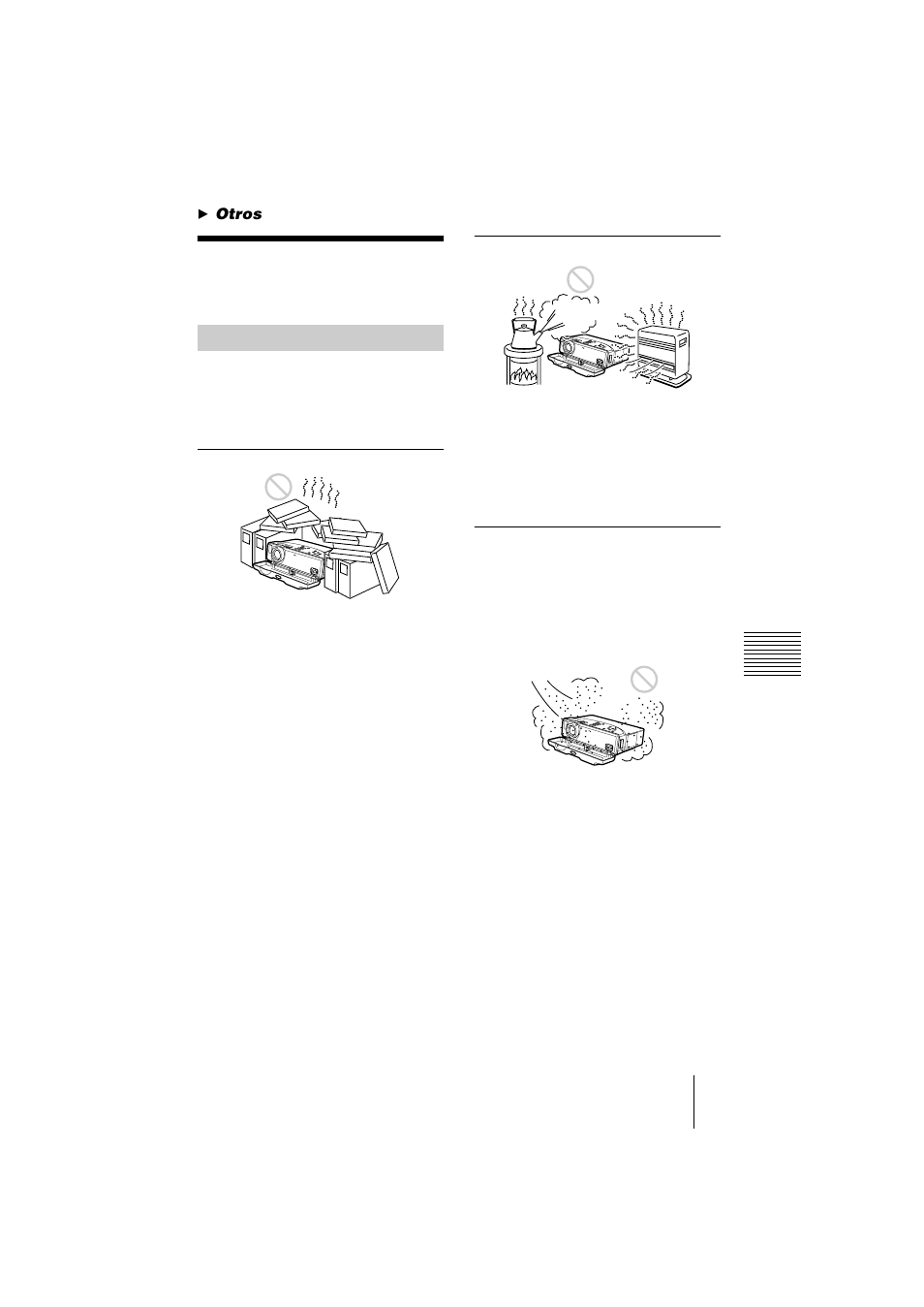 Otros, Notas sobre la instalación, Instalación inadecuada | Sony VPL-CS1 User Manual | Page 113 / 120