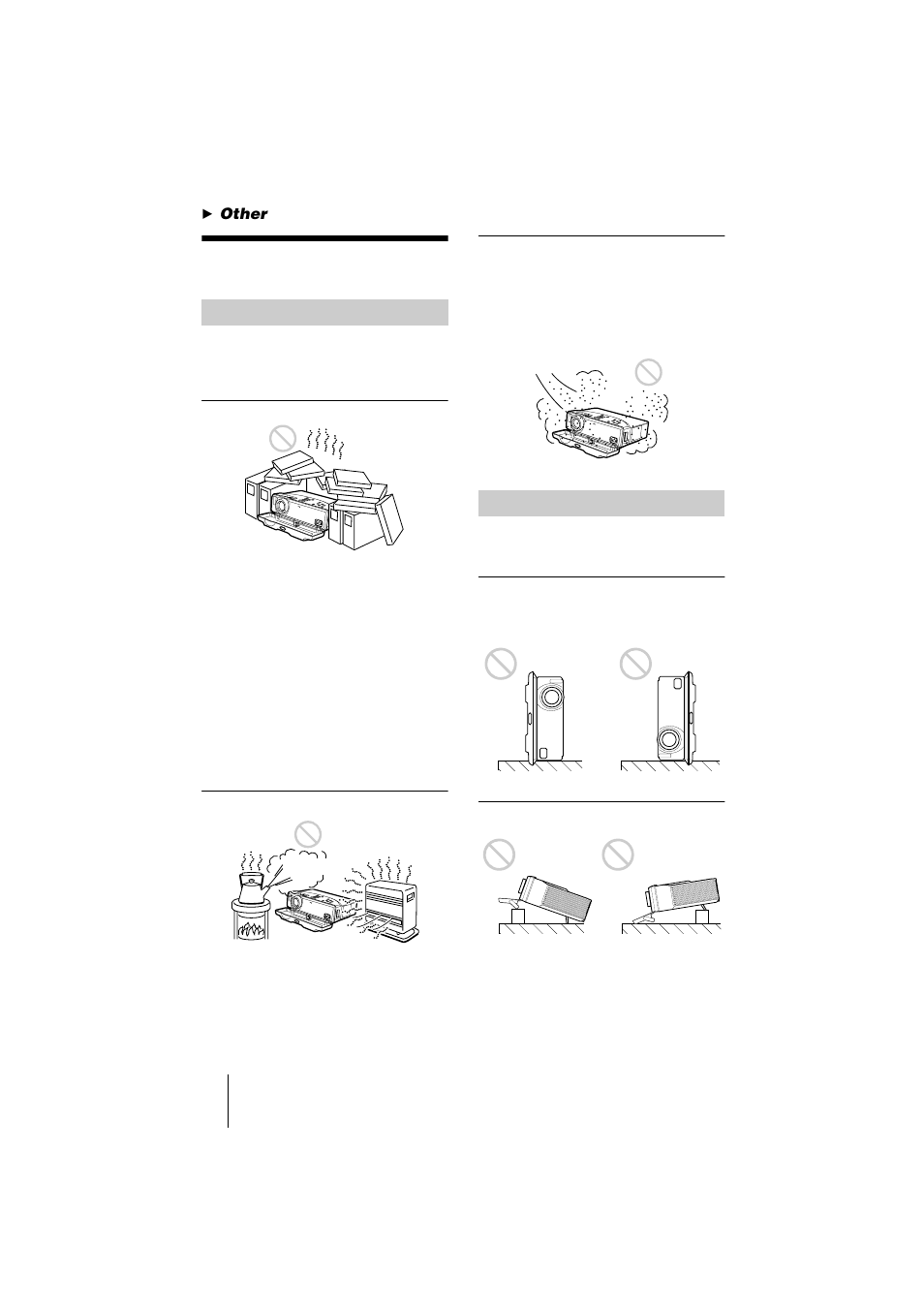 Other, Notes on installation, Unsuitable installation | Unsuitable conditions | Sony VPL-CS1 User Manual | Page 34 / 120