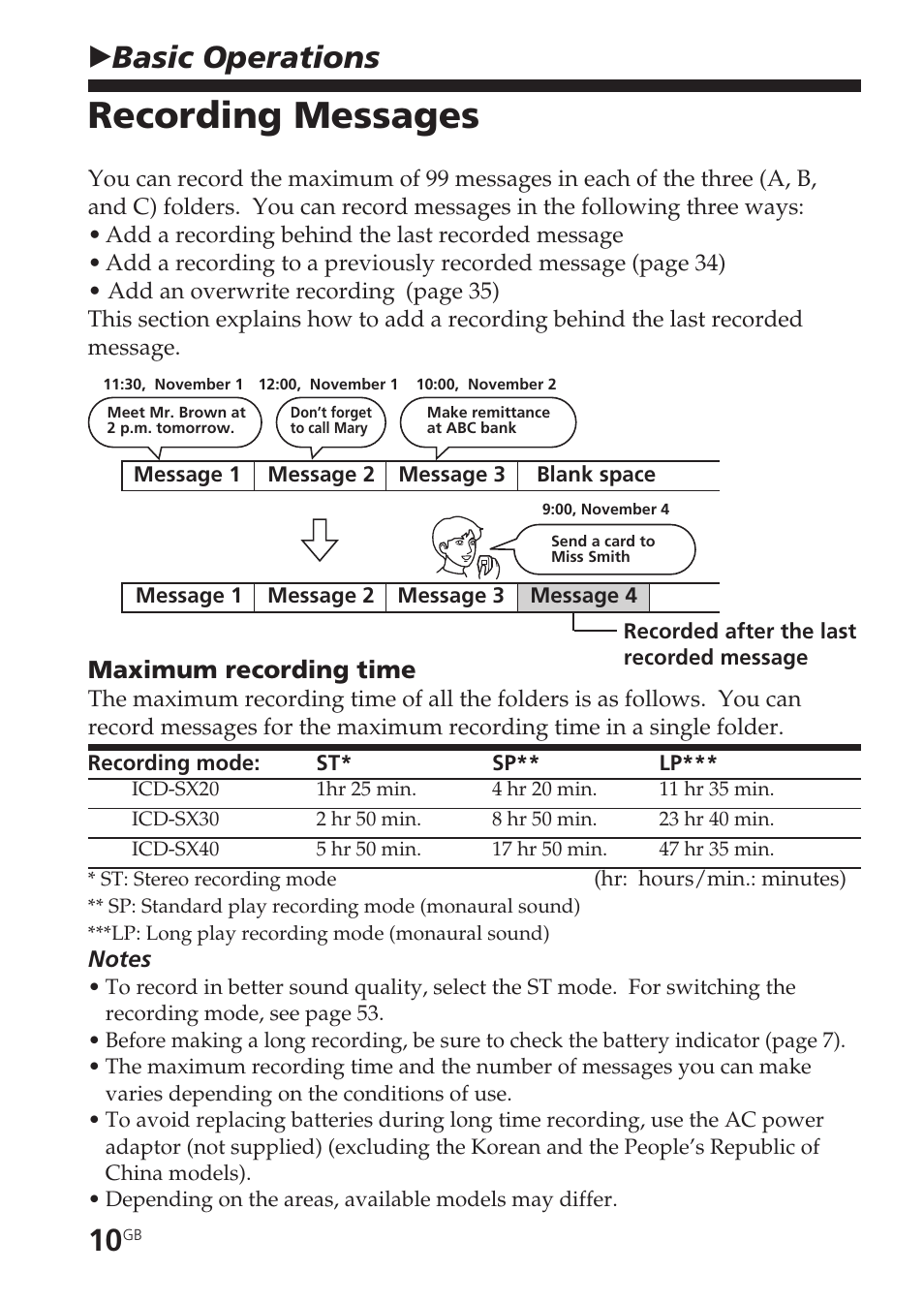 Basic operations, Recording messages, Maximum recording time | Message, recording, Bbasic operations | Sony ICD-SX20 User Manual | Page 10 / 68