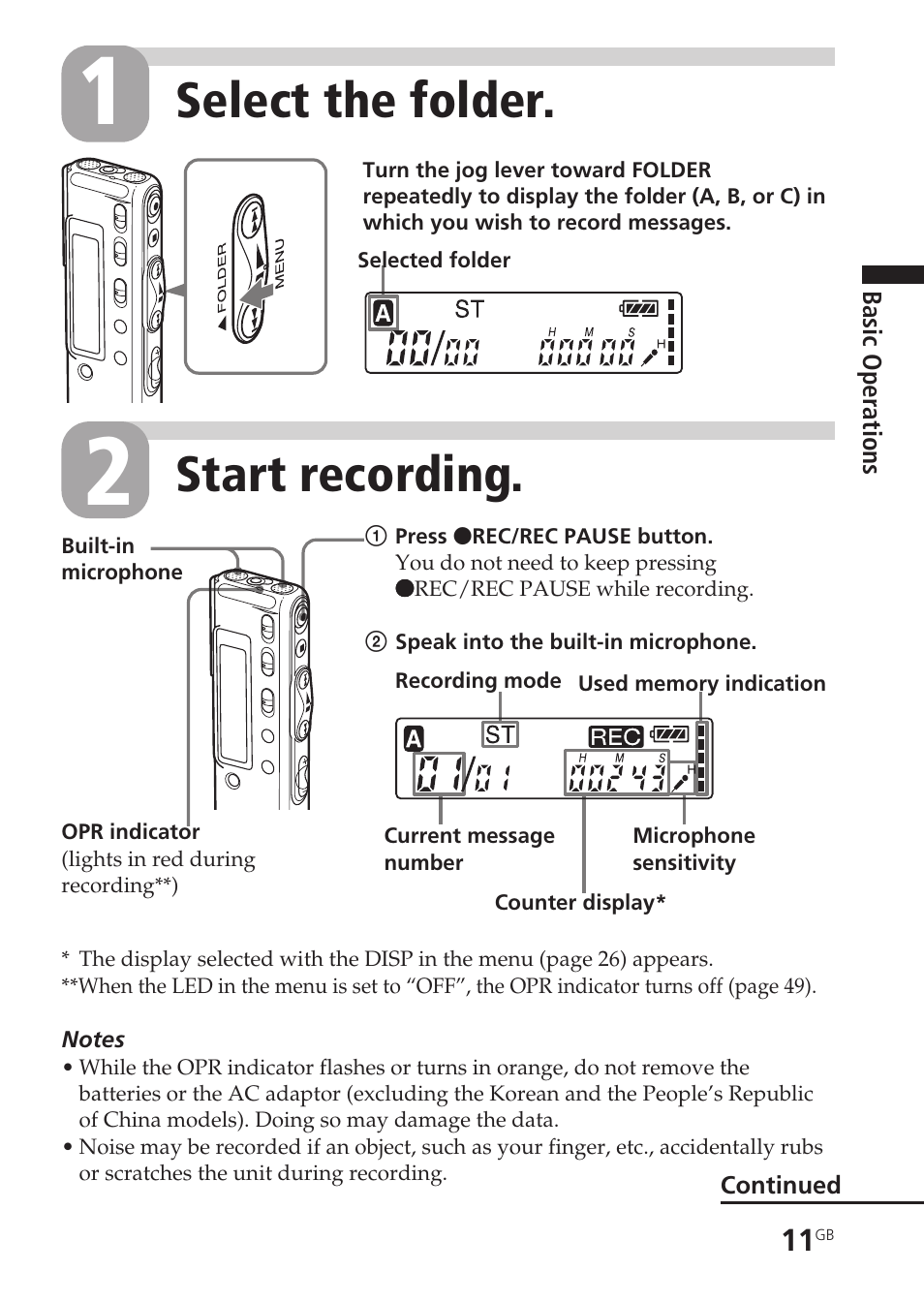 Built-in microphone, Folder, Message number | Microphone, built-in, Select the folder, Start recording | Sony ICD-SX20 User Manual | Page 11 / 68