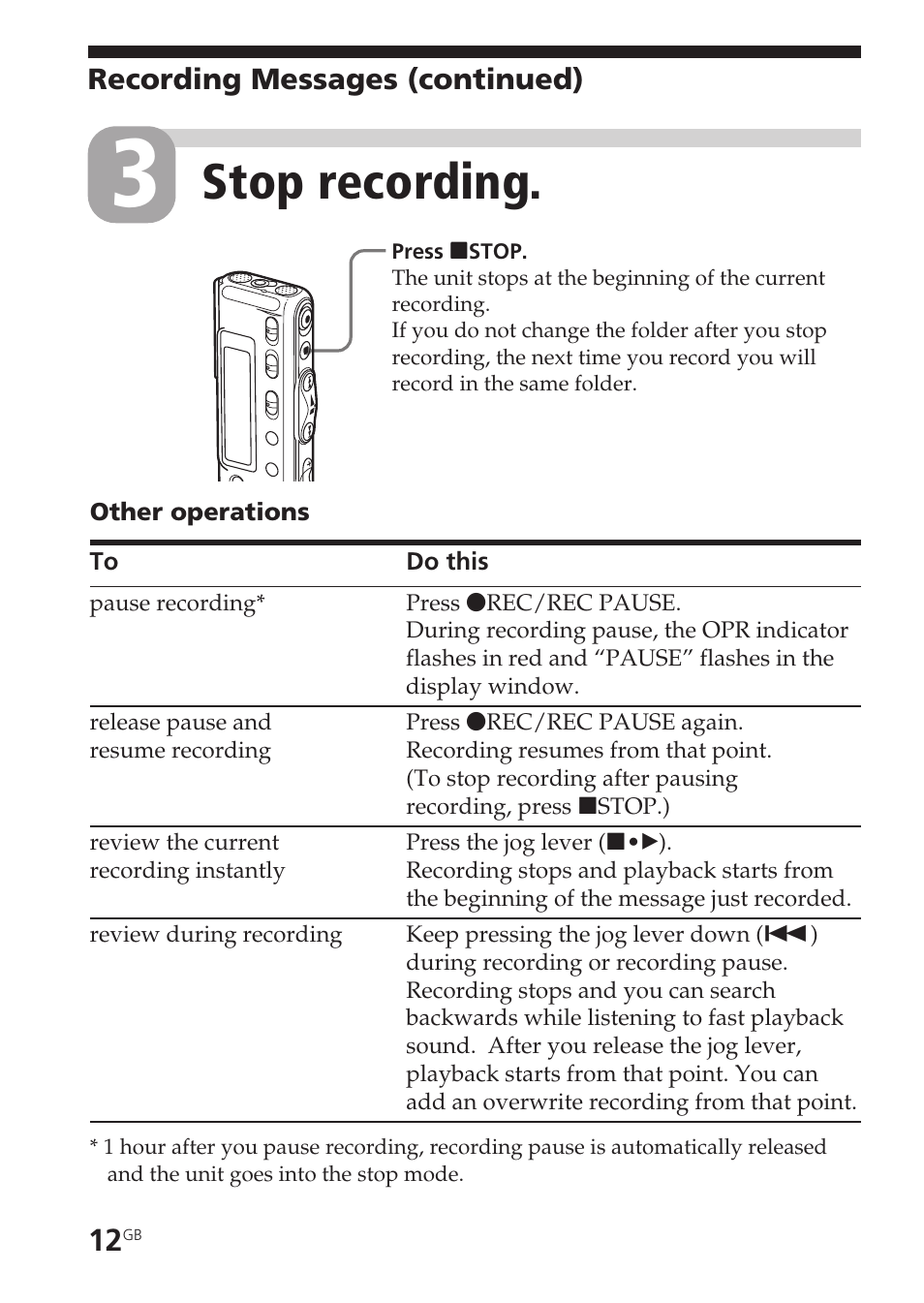 Recording pause function, Review, Stop recording | Sony ICD-SX20 User Manual | Page 12 / 68