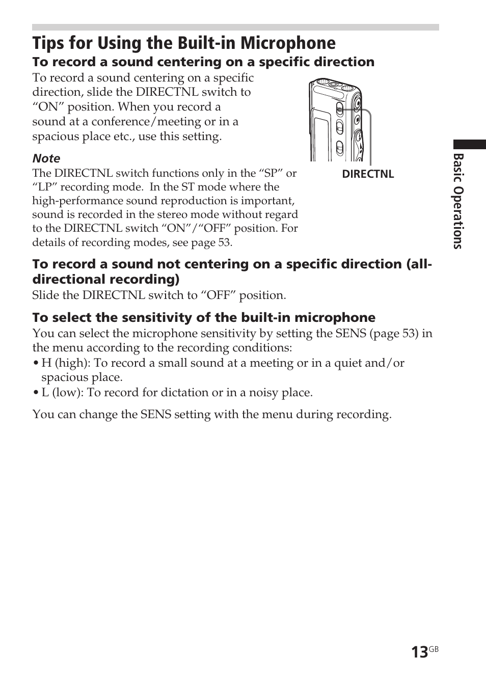 Tips for using the built-in microphone, Microphone sensitivity | Sony ICD-SX20 User Manual | Page 13 / 68