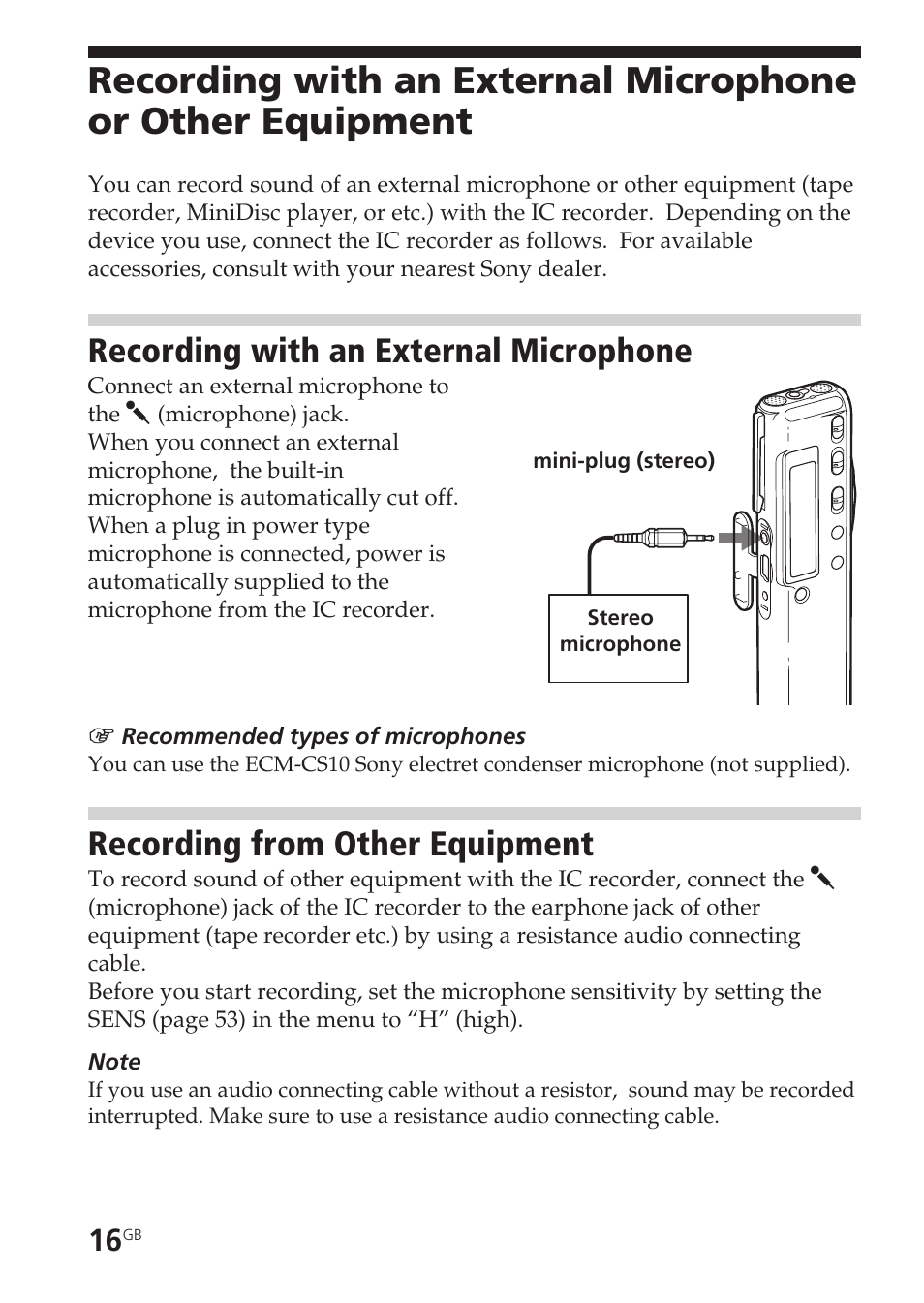 Recording with an external microphone, Recording from other equipment, Connecting, external microphone | External microphone, Microphone, connecting, Microphone, external, Plug in power | Sony ICD-SX20 User Manual | Page 16 / 68