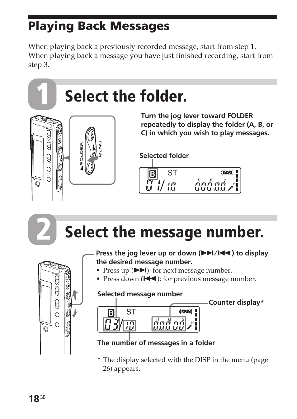 Playing back messages, Message, playing back, Select the folder | Select the message number | Sony ICD-SX20 User Manual | Page 18 / 68