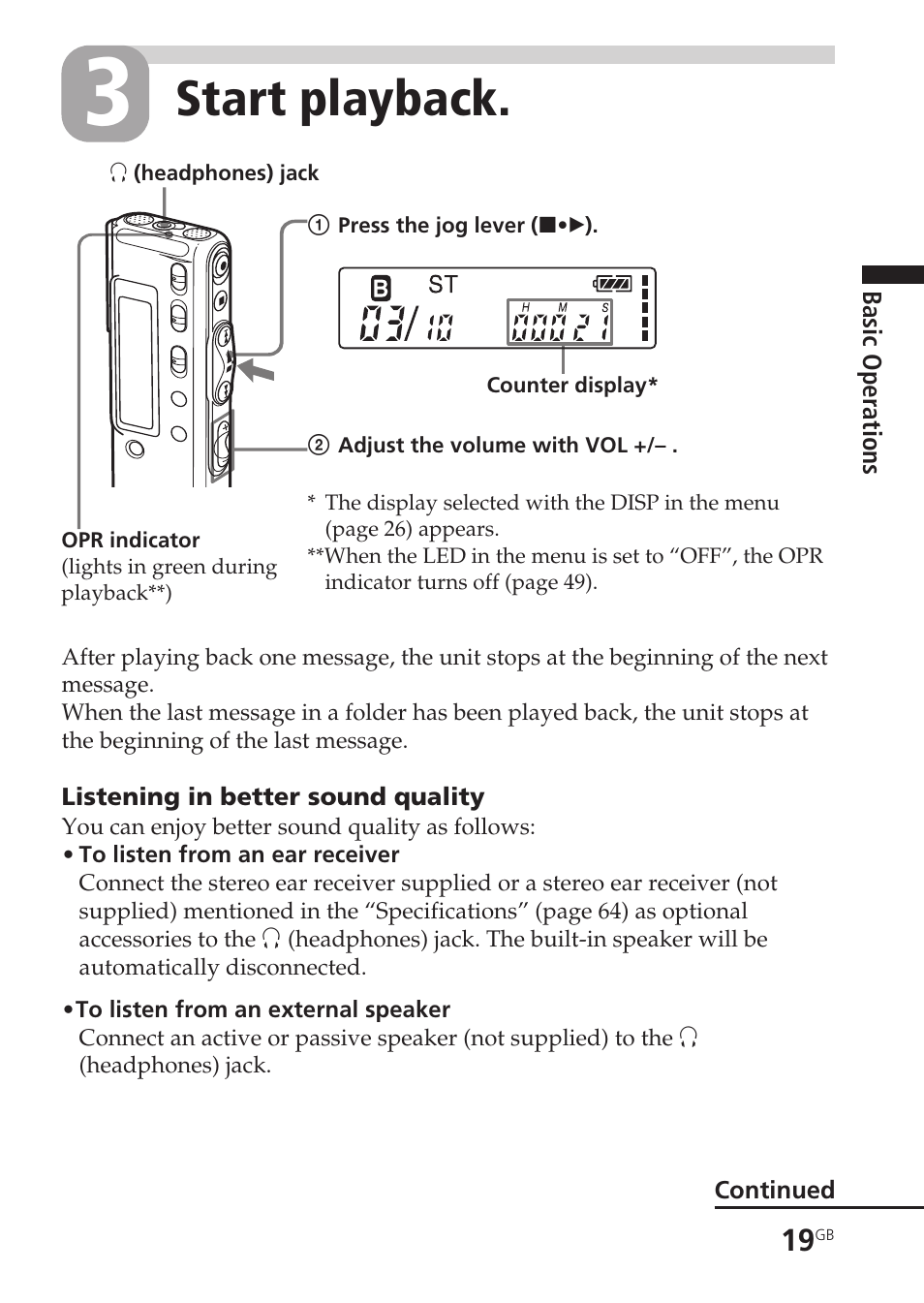 Playback, Volume control, Start playback | Sony ICD-SX20 User Manual | Page 19 / 68