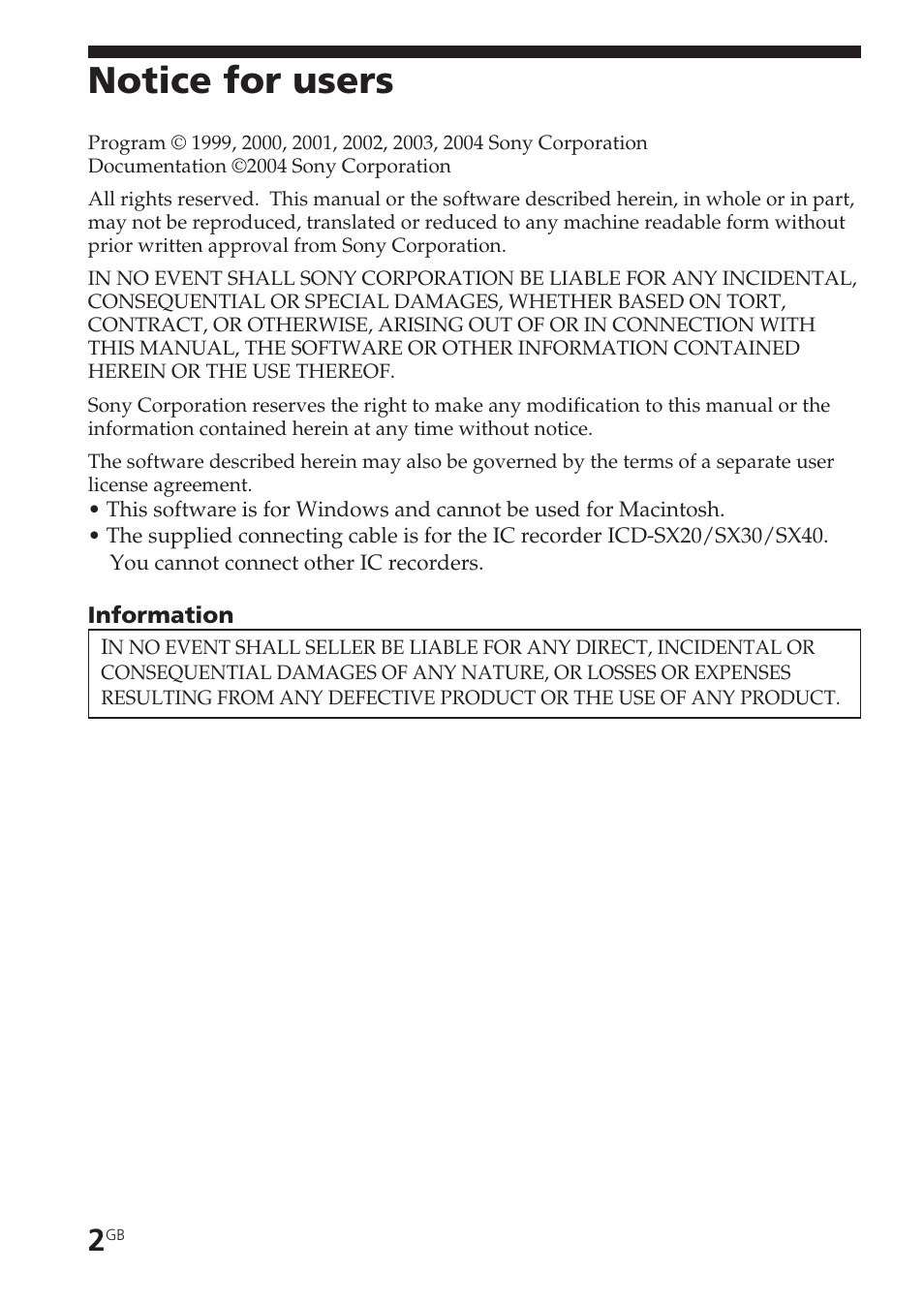 Notice for users | Sony ICD-SX20 User Manual | Page 2 / 68