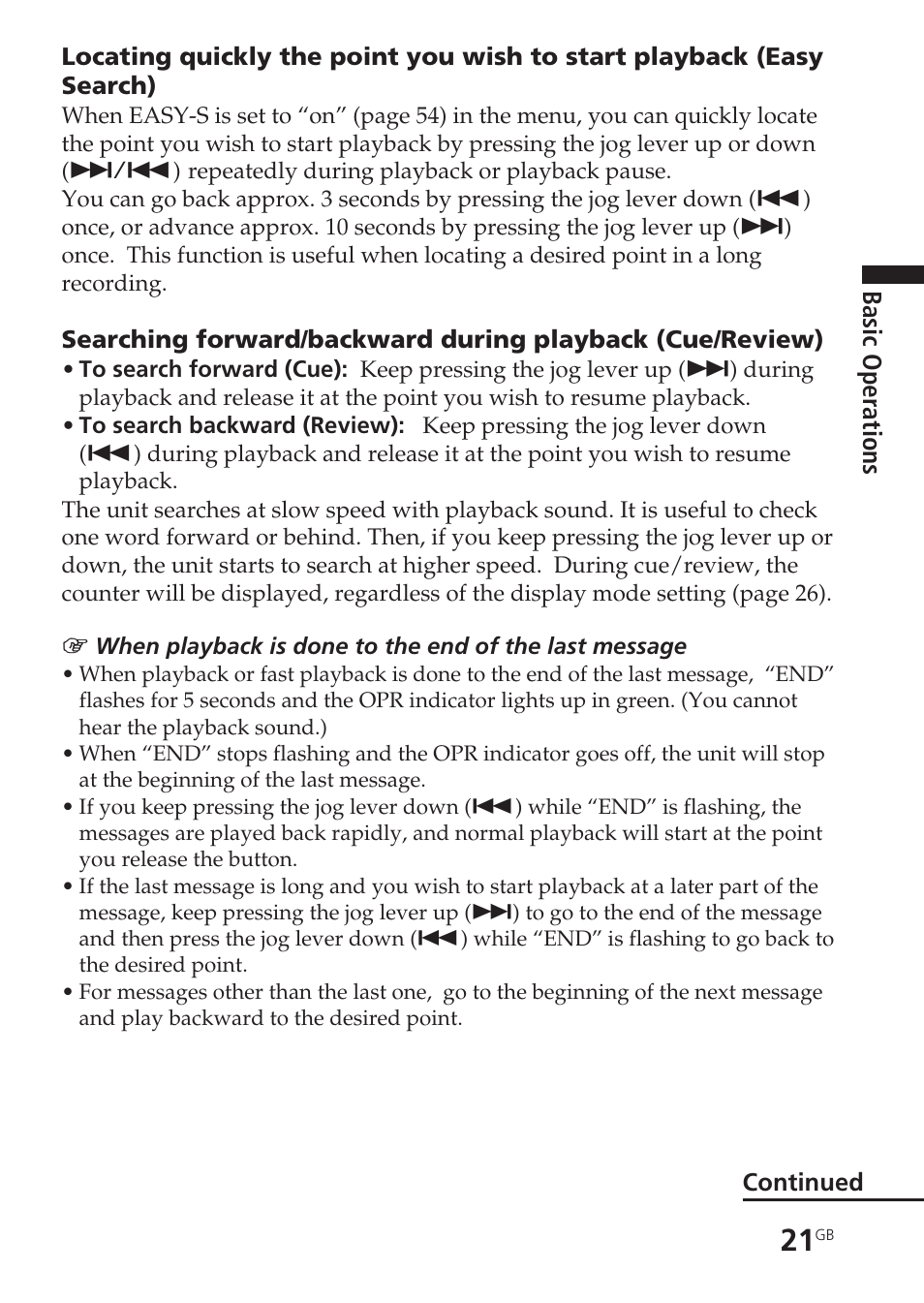 Easy search, Search forward/backward | Sony ICD-SX20 User Manual | Page 21 / 68