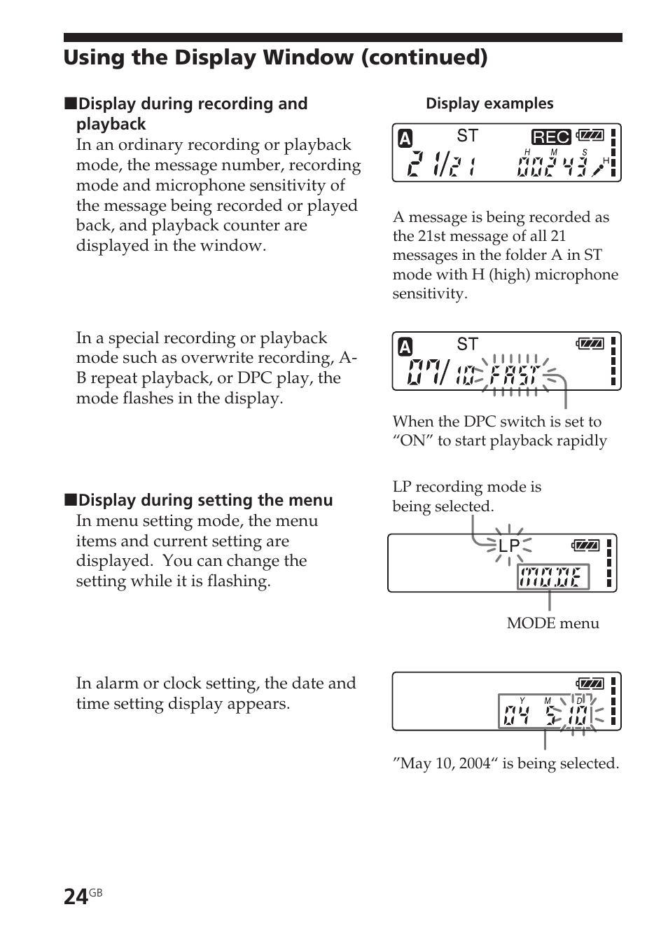 Using the display window (continued) | Sony ICD-SX20 User Manual | Page 24 / 68