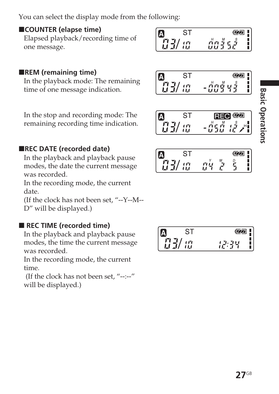 Counter display, Recorded date/time display, Remaining display | Sony ICD-SX20 User Manual | Page 27 / 68